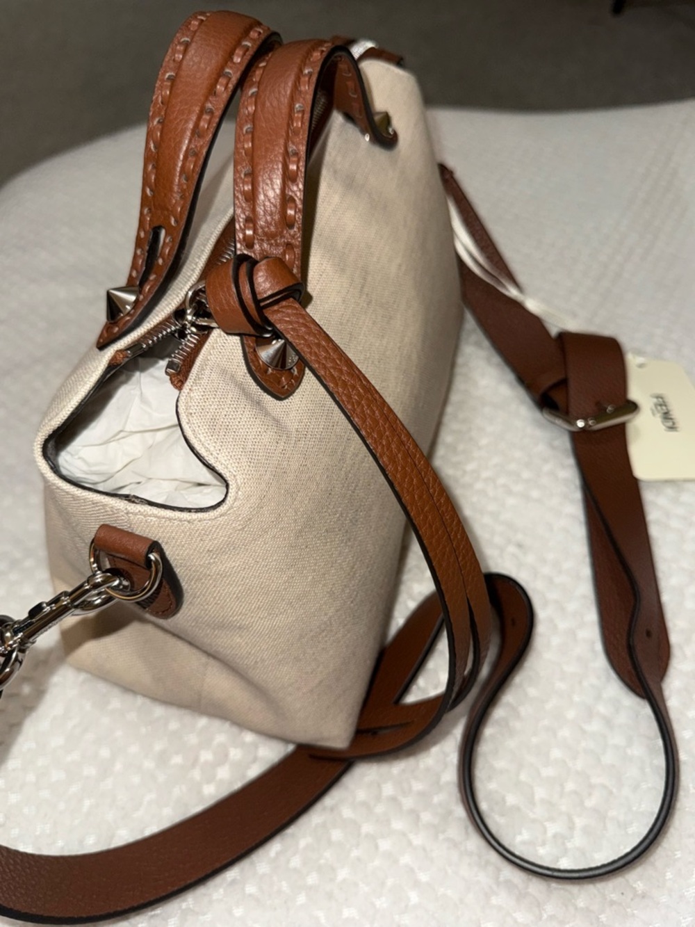 Fendi Beige and Brown Leather Satchel with Adjustable Strap - Picture 3 of 9